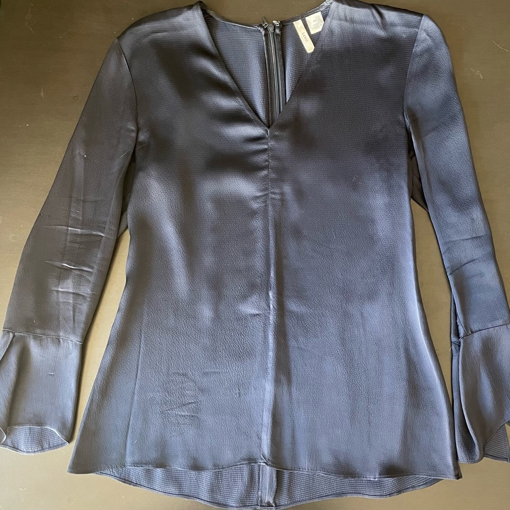 Lewit Womens Blouse Small Navy Blue Silk Blend V Neck Long Sleeve Zipper Closure